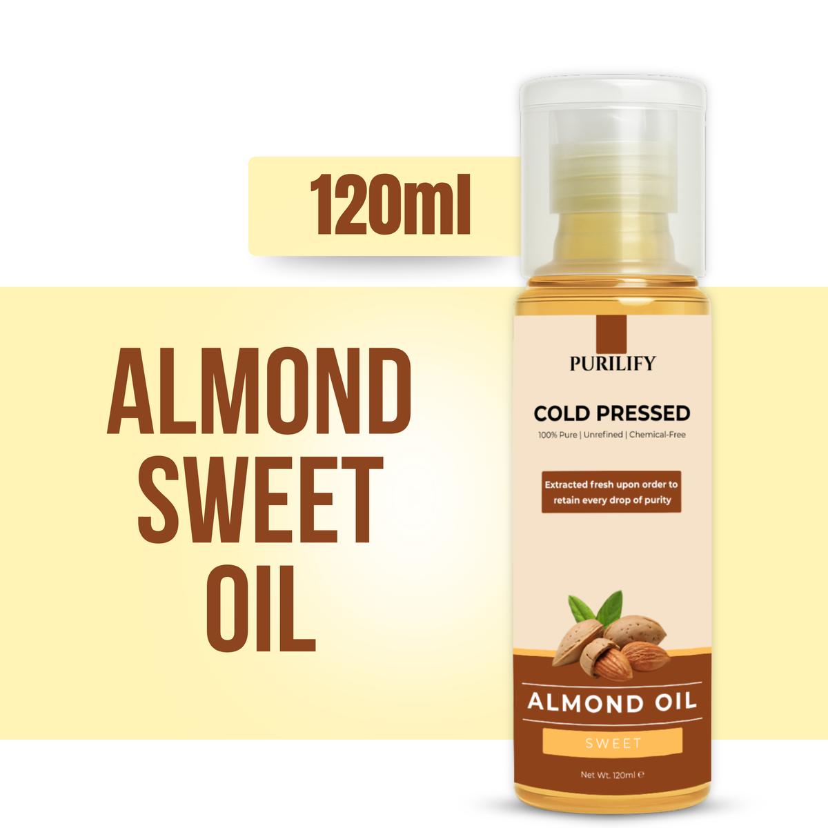Purilify Sweet Almond Oil – Cold Pressed | 100% Pure & Chemical-Free | Skin Moisturizer & Hair Nourishment – 120ml