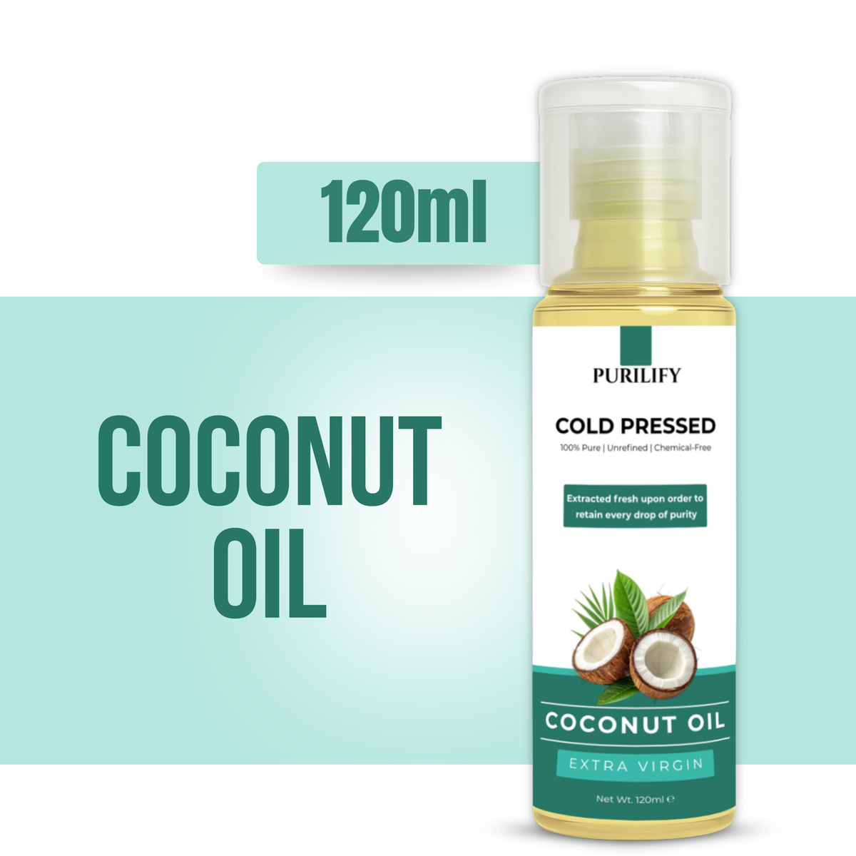 Purilify Coconut Oil – Extra Virgin | Cold Pressed | 100% Pure & Chemical-Free | Skin & Hair Moisturizer – 120ml