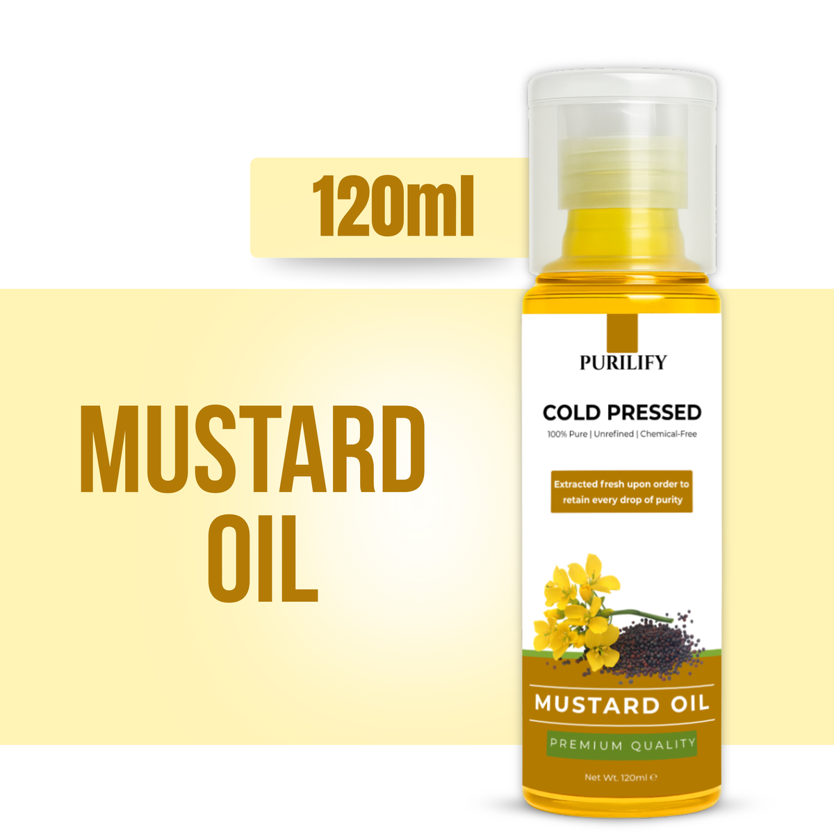 Purilify Mustard Oil – Cold Pressed | 100% Pure & Chemical-Free | Hair Strength, Skin Care & Cooking Use – 120ml