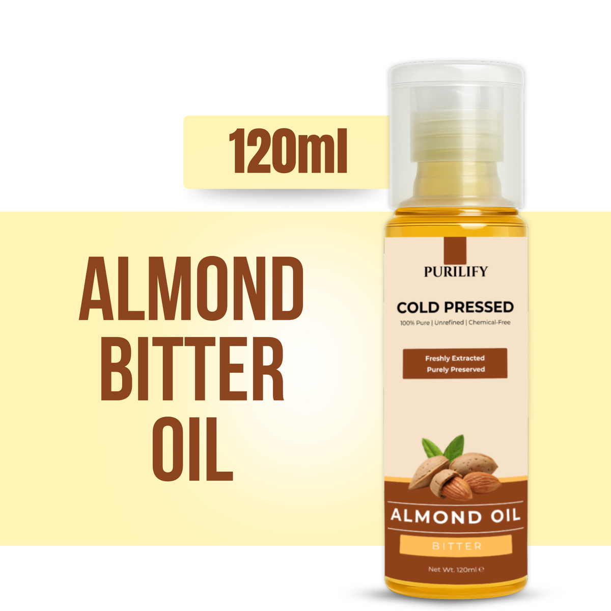 Purilify Bitter Almond Oil – Cold Pressed | 100% Pure & Chemical-Free | Hair Growth & Skin Glow – 120ml