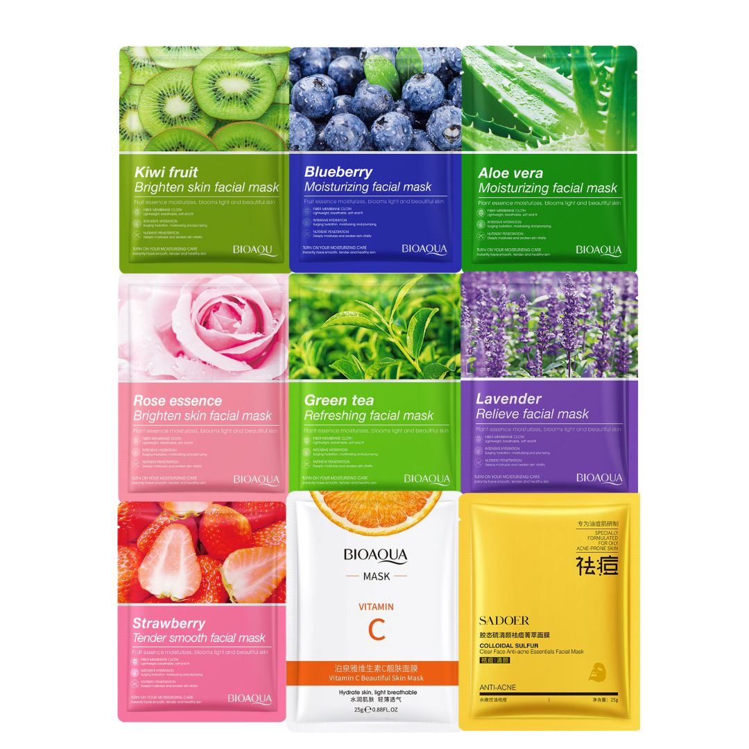Pack of 10 Bioaqua Facial Sheet Masks | Hydrating & Brightening Skincare with Natural Fruit & Plant Extracts (Copy)