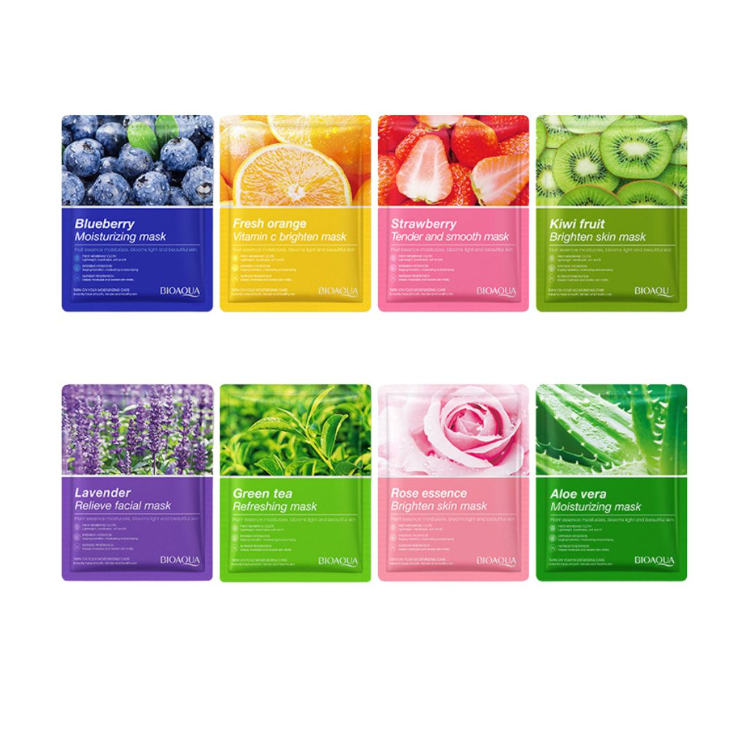 Pack of 10 Bioaqua Facial Sheet Masks | Hydrating & Brightening Skincare with Natural Fruit & Plant Extracts (Copy)