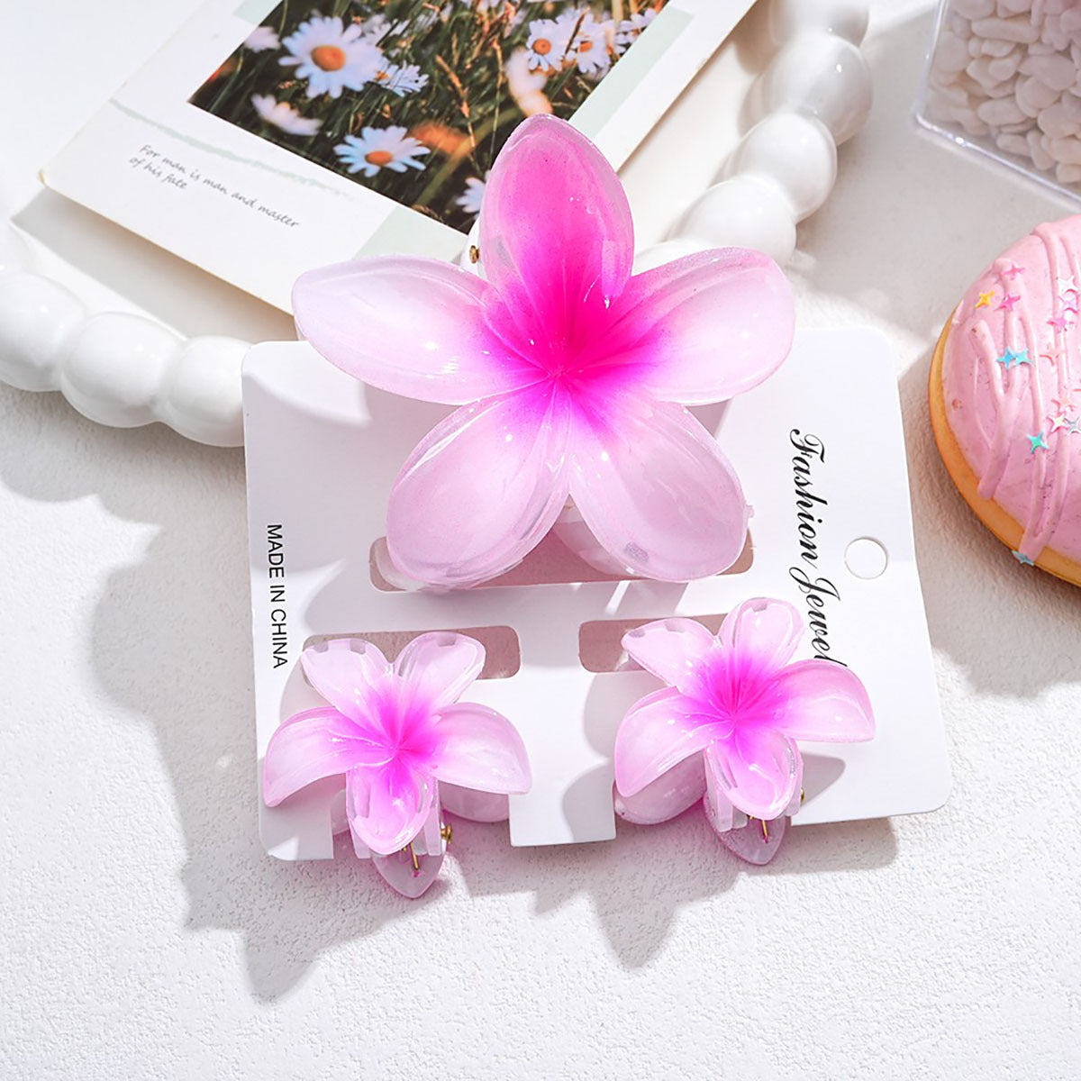 Flower Hair Claw Clip Set for Girls & Women | 3-Piece Plumeria Hair Clip Set | Strong Grip Floral Hair Claw | Cute Hair Accessories for Teens & Kids