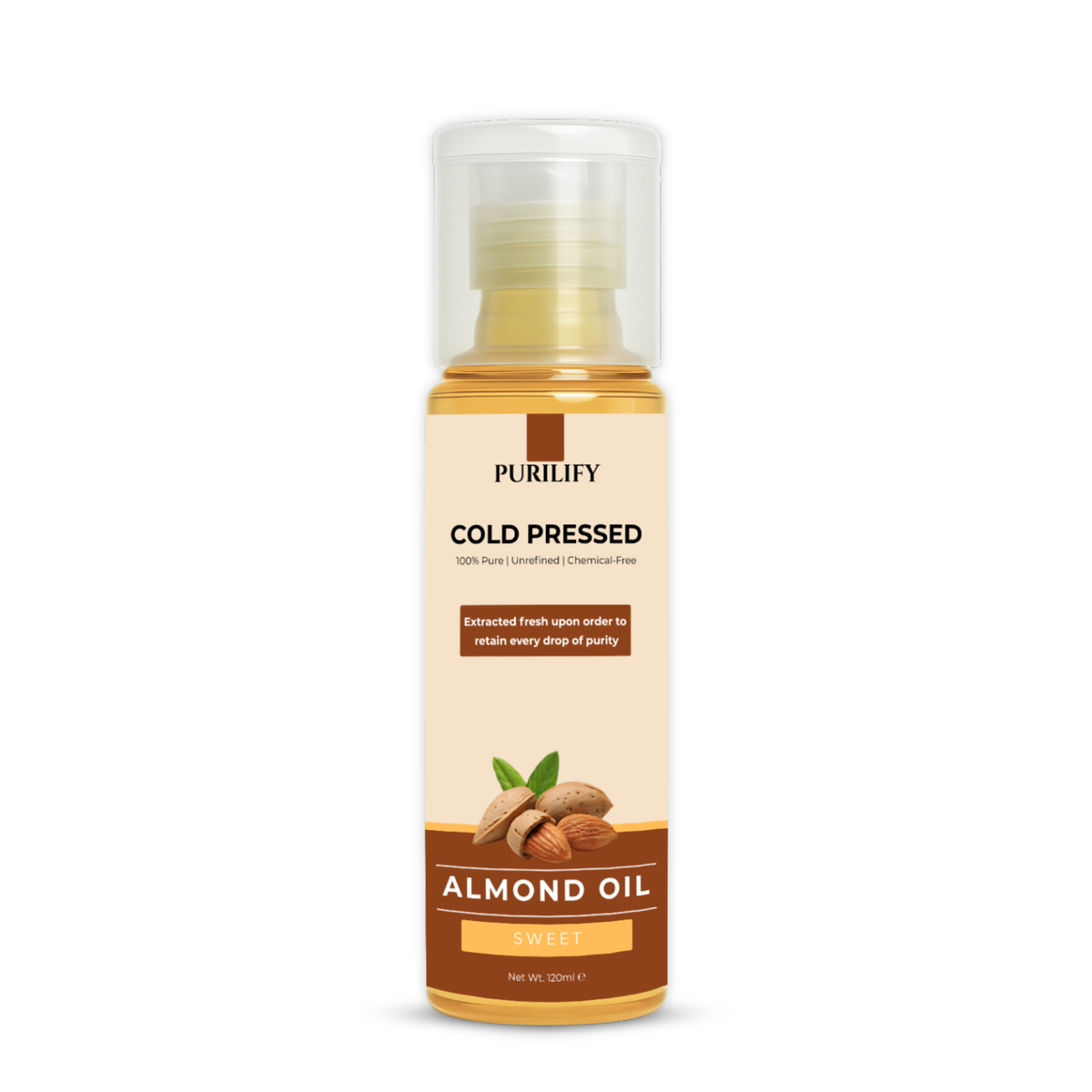 Purilify Sweet Almond Oil – Cold Pressed | 100% Pure & Chemical-Free | Skin Moisturizer & Hair Nourishment – 120ml