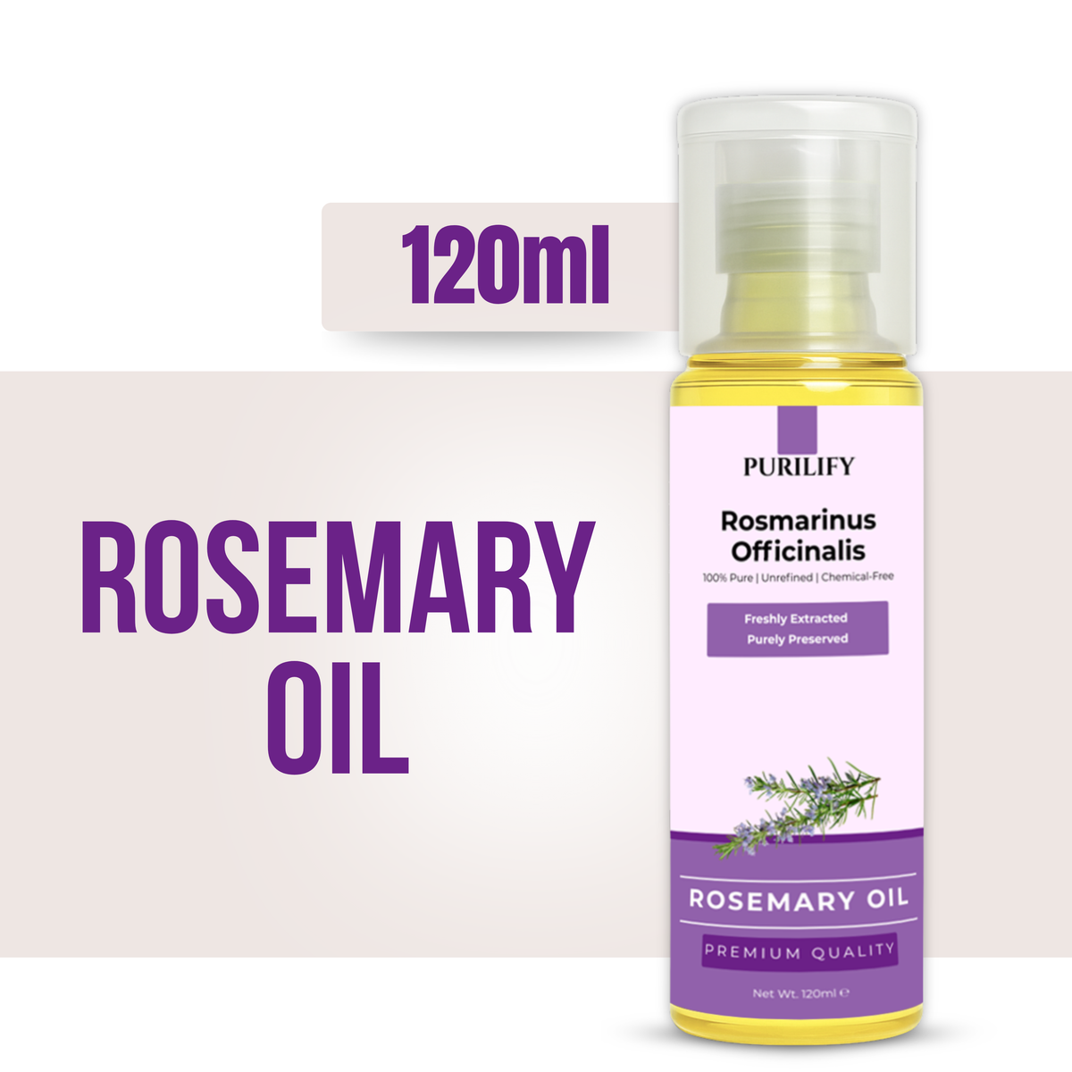Purilify Rosemary Oil – Cold Pressed | 100% Pure & Chemical-Free | Hair Growth, Skin Glow & Stress Relief – 120ml