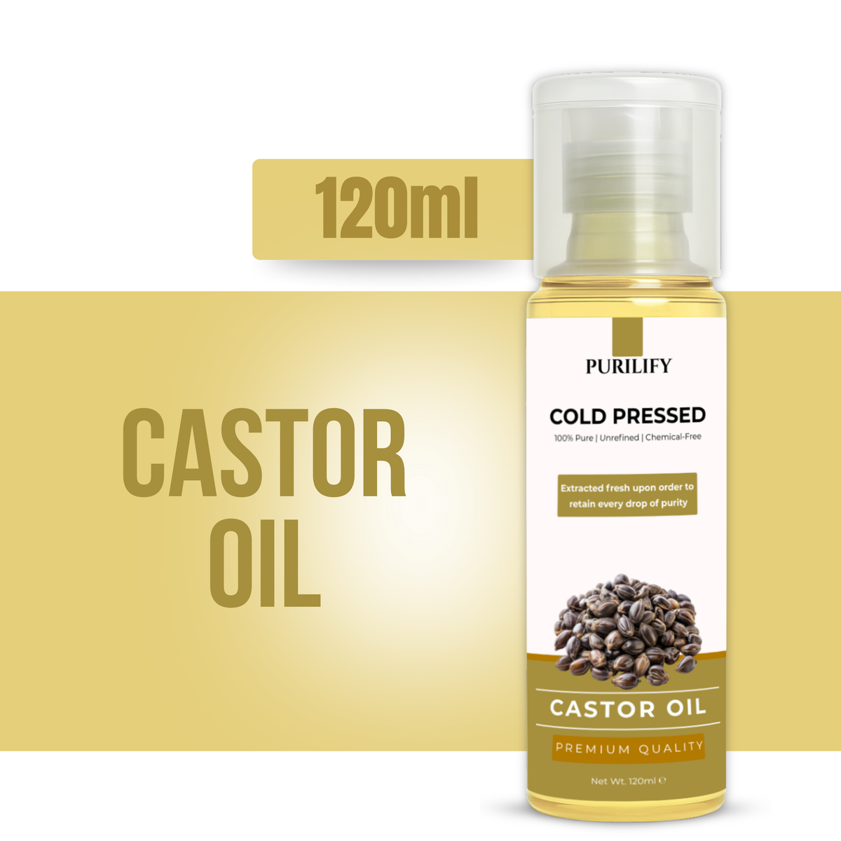 Purilify Castor Oil – Cold Pressed | 100% Pure & Chemical-Free | Hair Growth, Skin Healing, Lash & Brow Care – 120ml