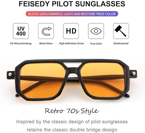 Vintage Square 70s Flat Aviator Sunglasses Women Men Classic Retro Stylish Frame UV400 Sunglasses