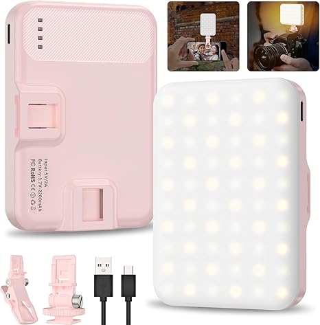 Hagibis LED Camera Light Video Lights Portable Photography Lighting 60 LED 2200mAh Rechargeable Selfie Light 7 Modes, 10-Level Brightness, Portable Clip on Light for Phone/Tablet/Laptop, Pink