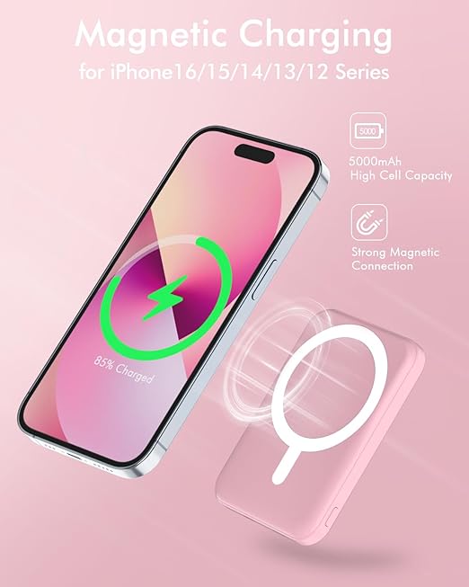 5000mAh Magnetic Power Bank with Type-C Cable 20W PD Fast Charging Lighting Input Wireless Portable Charger for iPhone 16/15/14/13/12/ All Series-Black