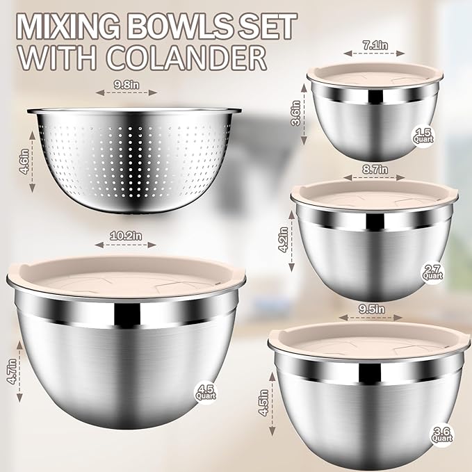 Stainles Steel Mixing Bowls with Lids Set, Stackable Metal Mixing Bowl with Strainer, 5-Piece - Beige
