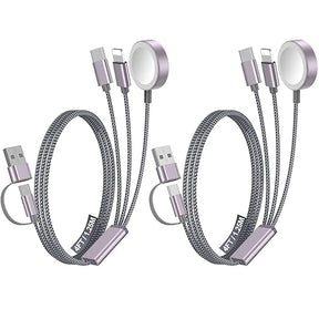 2Pack Multi Fast Charging Cable for Travel Essentials,Apple Watch Charger,iPhone Charger[3-in-2] USB A/Type C/Lightning Cable for iWatch Ultra/SE/10-2,iPhone 16-11,Nintendo Switch,Airpods,iPad,Car-4FT