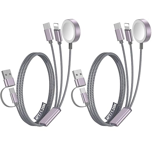 2Pack Multi Fast Charging Cable for Travel Essentials,Apple Watch Charger,iPhone Charger[3-in-2] USB A/Type C/Lightning Cable for iWatch Ultra/SE/10-2,iPhone 16-11,Nintendo Switch,Airpods,iPad,Car-4FT