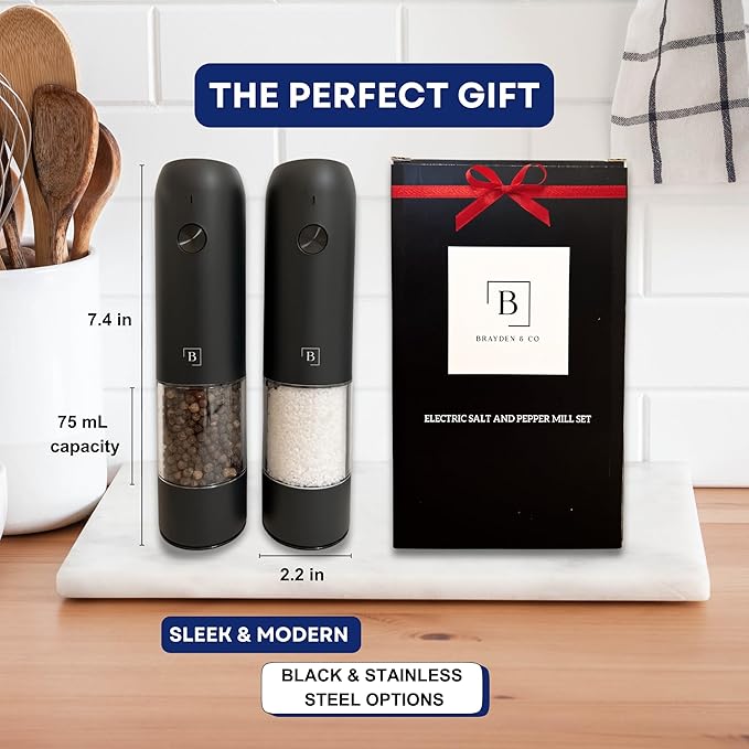 Electric Salt and Pepper Grinder Set of 2 | Automatic One Handed USB Rechargeable with 6 Adjustable Coarseness Levels and LED Lights | Modern Sleek Black | Large Capacity 75mL Mill Grinder | Kitchen