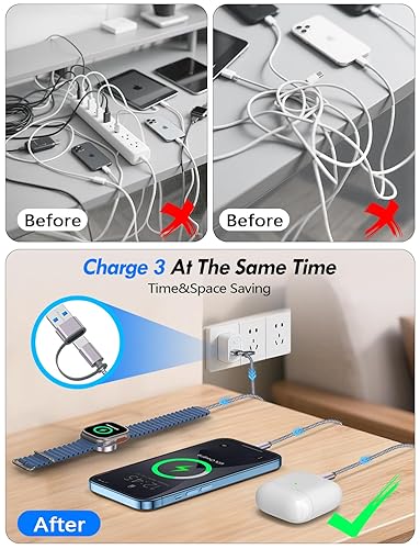 2Pack Multi Fast Charging Cable for Travel Essentials,Apple Watch Charger,iPhone Charger[3-in-2] USB A/Type C/Lightning Cable for iWatch Ultra/SE/10-2,iPhone 16-11,Nintendo Switch,Airpods,iPad,Car-4FT