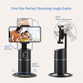 Auto Face Tracking Phone Holder, No App Required, 360° Rotation Face Body Phone Tracking Tripod Smart Shooting Camera Mount for Live Vlog Streaming Video, Rechargeable Battery-Black