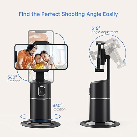 Auto Face Tracking Phone Holder, No App Required, 360° Rotation Face Body Phone Tracking Tripod Smart Shooting Camera Mount for Live Vlog Streaming Video, Rechargeable Battery-Black
