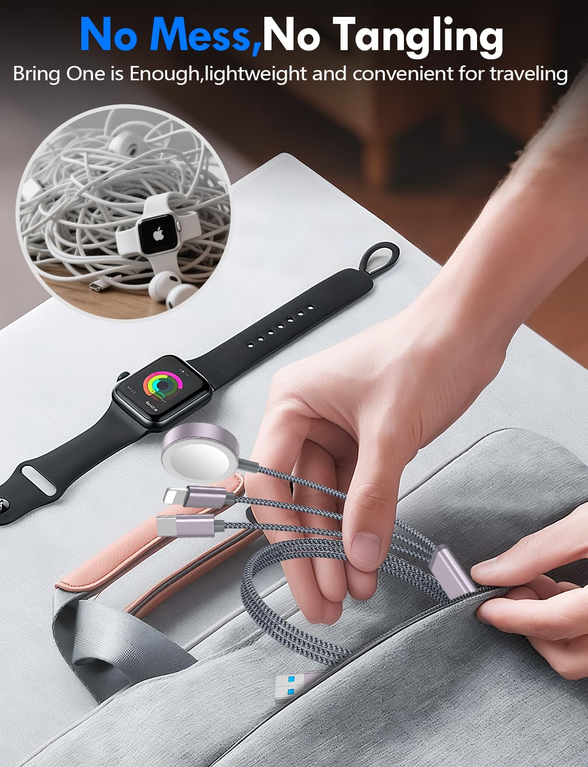 2Pack Multi Fast Charging Cable for Travel Essentials,Apple Watch Charger,iPhone Charger[3-in-2] USB A/Type C/Lightning Cable for iWatch Ultra/SE/10-2,iPhone 16-11,Nintendo Switch,Airpods,iPad,Car-4FT