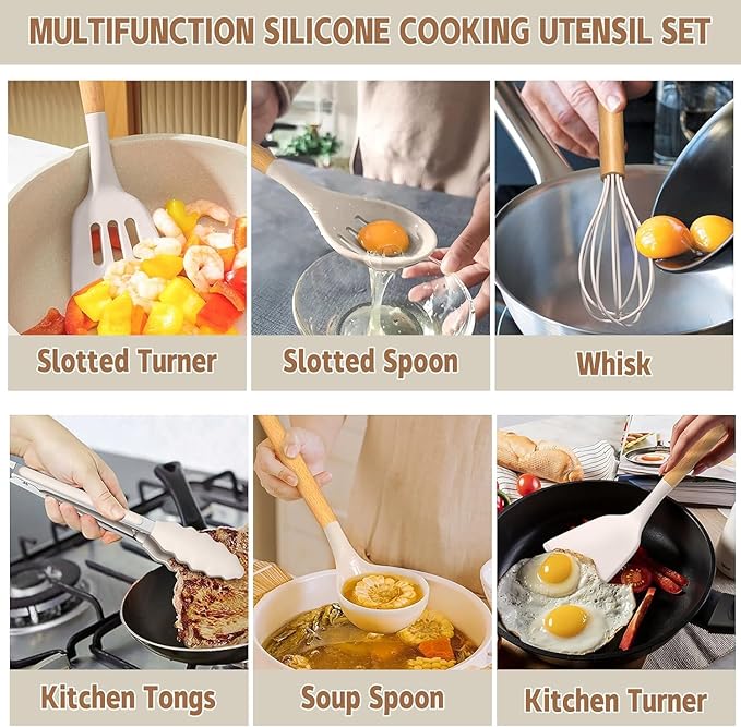 Chef Kitchen Cooking Utensils Set, 33 pcs Non-Stick Silicone Cooking Kitchen Utensils Spatula Set with Holder, Wooden Handle Silicone Kitchen Gadgets Utensil Set