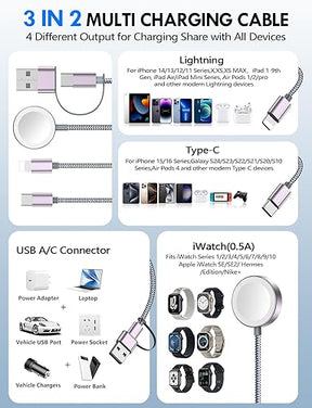 2Pack Multi Fast Charging Cable for Travel Essentials,Apple Watch Charger,iPhone Charger[3-in-2] USB A/Type C/Lightning Cable for iWatch Ultra/SE/10-2,iPhone 16-11,Nintendo Switch,Airpods,iPad,Car-4FT