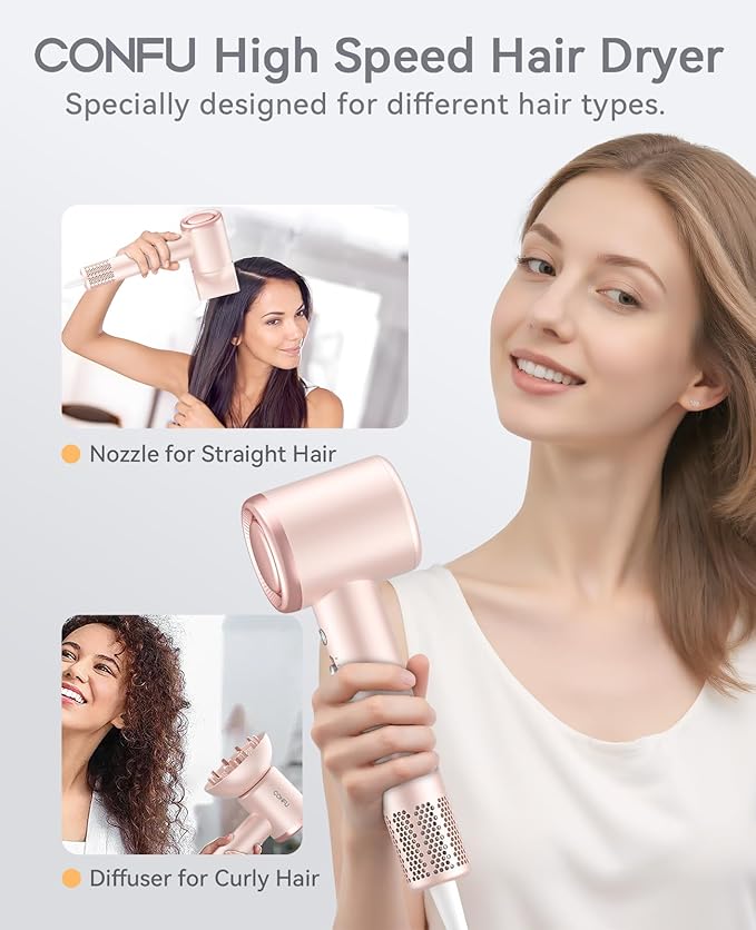 Hair Dryer with Diffuser, CONFU Hair Dryers for Women, Diffuser Hair Dryer High Speed Professional Ionic Blow Dryer for Fast Drying, Hair for Curly Haircurly ha for Home Travel