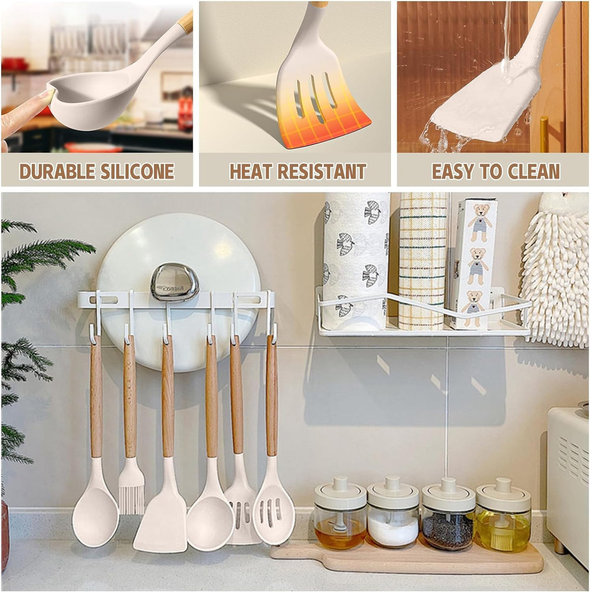 Chef Kitchen Cooking Utensils Set, 33 pcs Non-Stick Silicone Cooking Kitchen Utensils Spatula Set with Holder, Wooden Handle Silicone Kitchen Gadgets Utensil Set