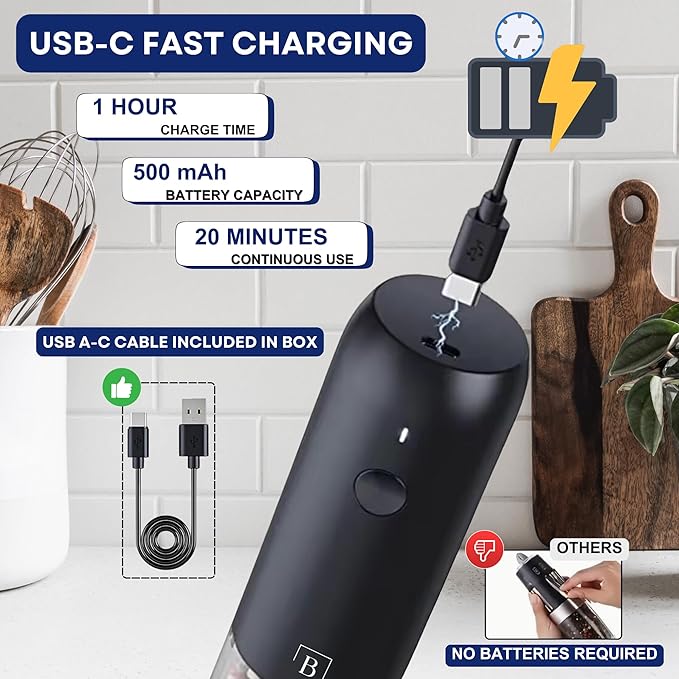 Electric Salt and Pepper Grinder Set of 2 | Automatic One Handed USB Rechargeable with 6 Adjustable Coarseness Levels and LED Lights | Modern Sleek Black | Large Capacity 75mL Mill Grinder | Kitchen