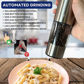 Electric Salt and Pepper Grinder Set of 2 | Automatic One Handed USB Rechargeable with 6 Adjustable Coarseness Levels and LED Lights | Modern Sleek Black | Large Capacity 75mL Mill Grinder | Kitchen
