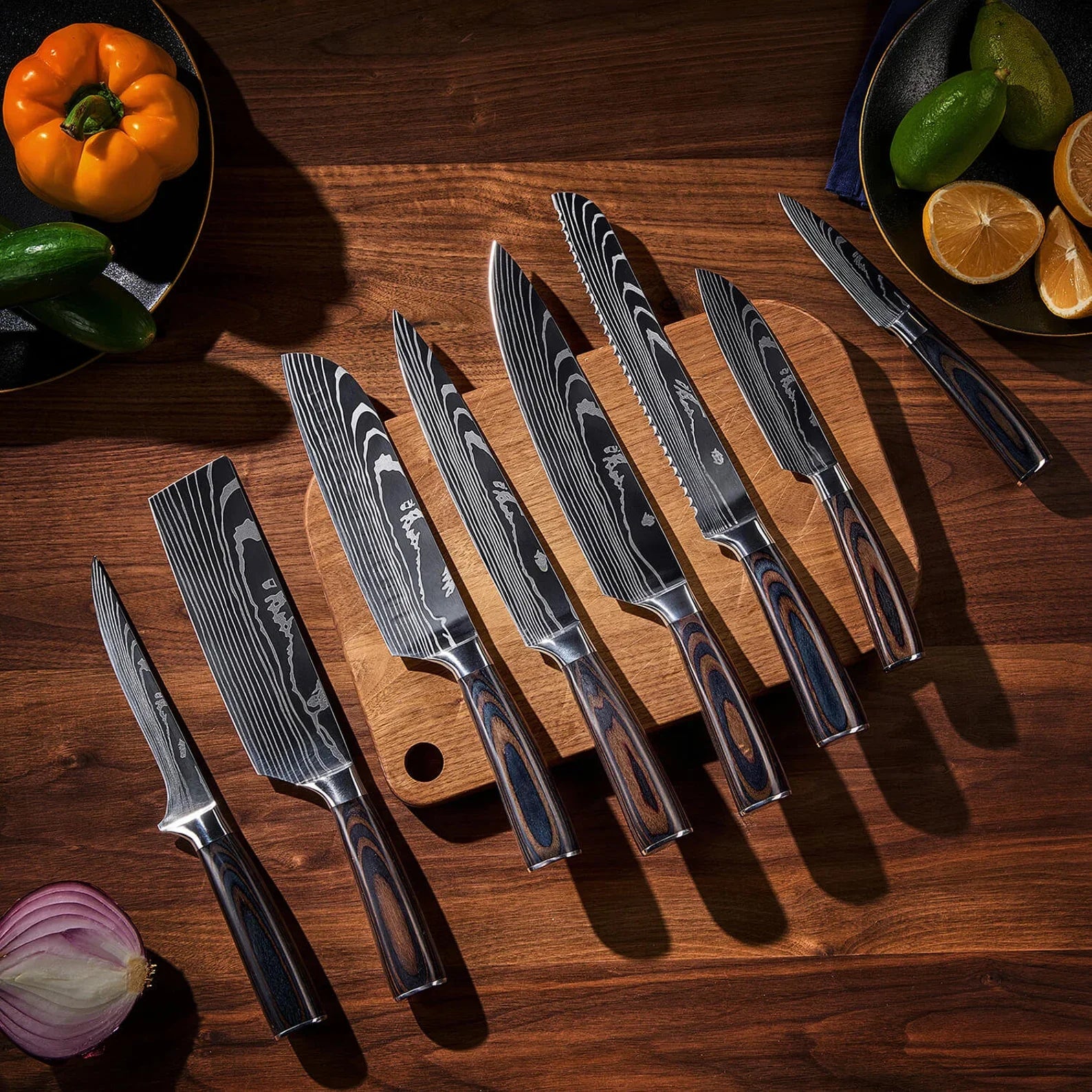 16-Piece Natural Acacia Wood Knife Block Set - Damascus Pattern Chef Knife Set, Steak Knives, Kitchen Shears - Pakka Wood Handles