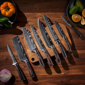 16-Piece Natural Acacia Wood Knife Block Set - Damascus Pattern Chef Knife Set, Steak Knives, Kitchen Shears - Pakka Wood Handles