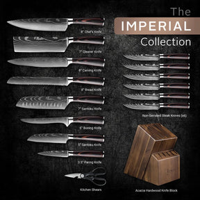 16-Piece Natural Acacia Wood Knife Block Set - Damascus Pattern Chef Knife Set, Steak Knives, Kitchen Shears - Pakka Wood Handles